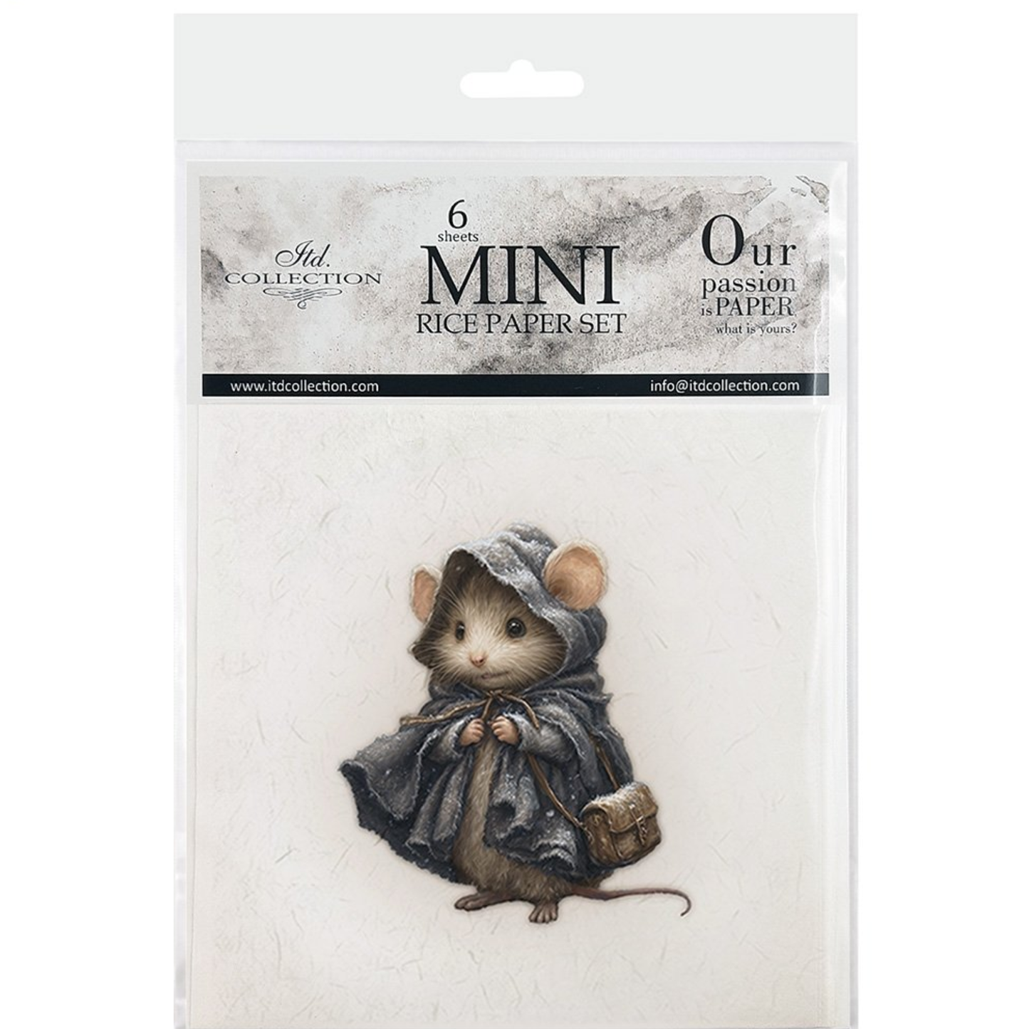 Front cover packagin with illustration off mouse wearing a period cloak with hood on a snowy background.