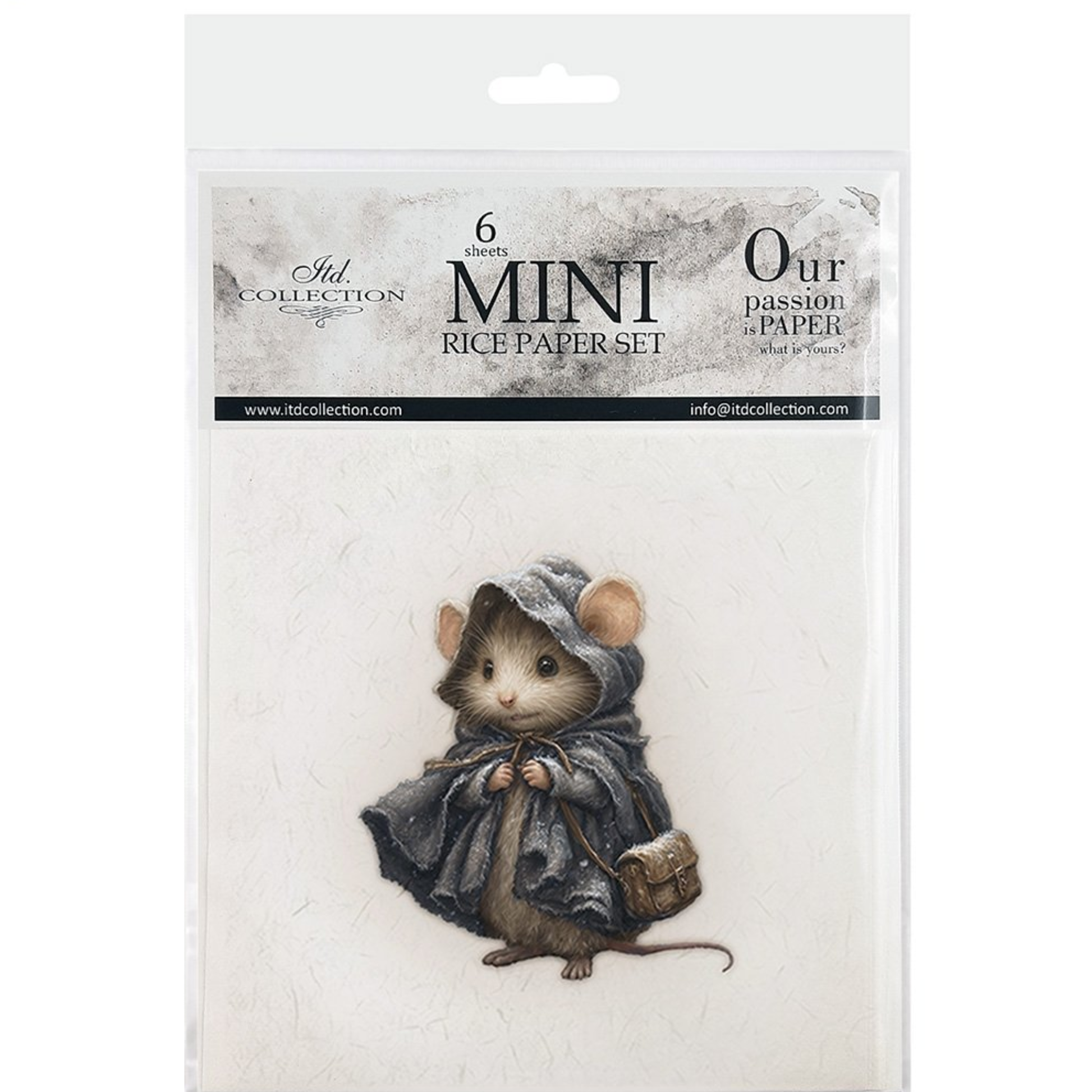 Front cover packagin with illustration off mouse wearing a period cloak with hood on a snowy background.