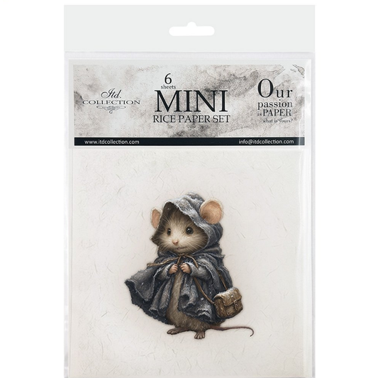 Front cover packagin with illustration off mouse wearing a period cloak with hood on a snowy background.