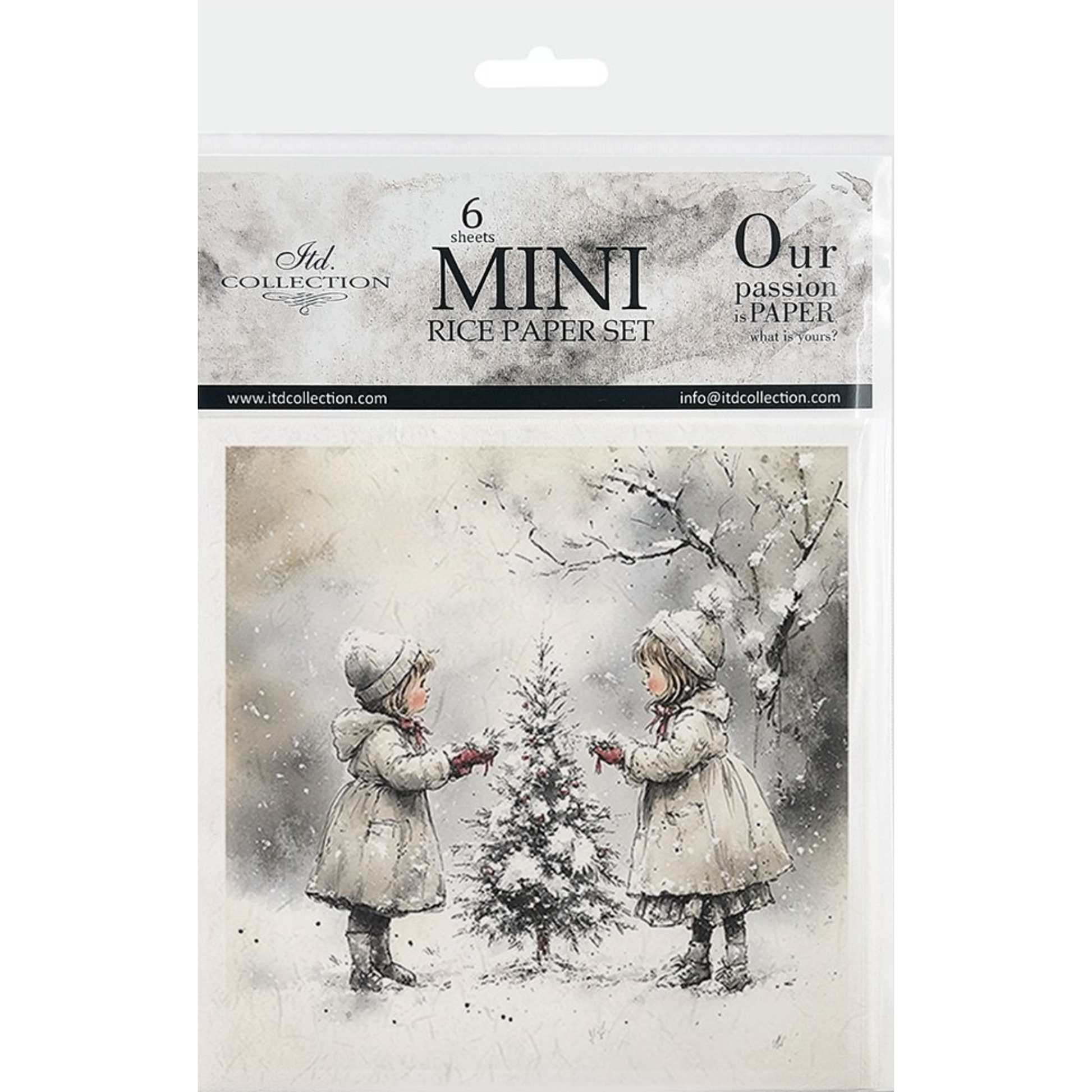 Packaging of a mini rice paper set with two children in winter clothing near a small tree.