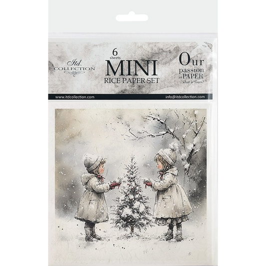 Packaging of a mini rice paper set with two children in winter clothing near a small tree.