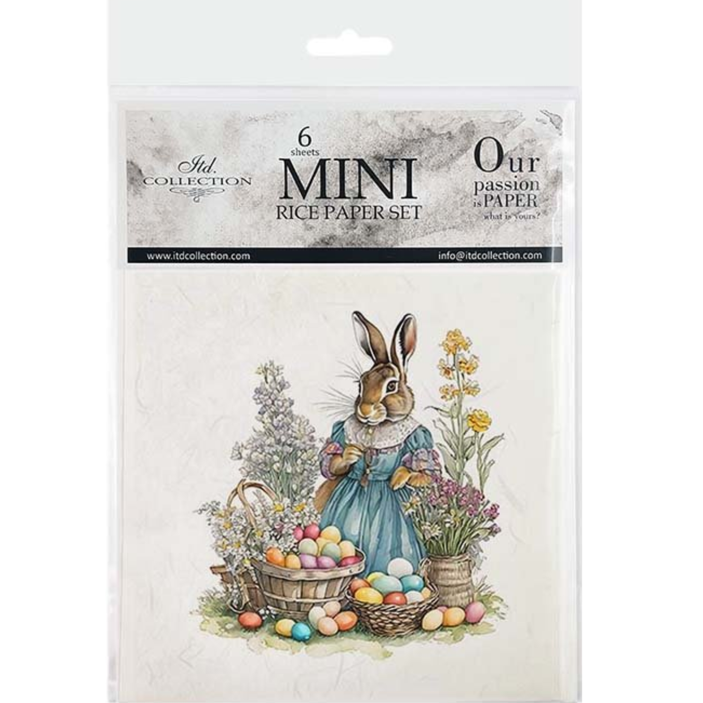 Packaging of mini rice paper set with an Easter-themed illustration of a rabbit and eggs.