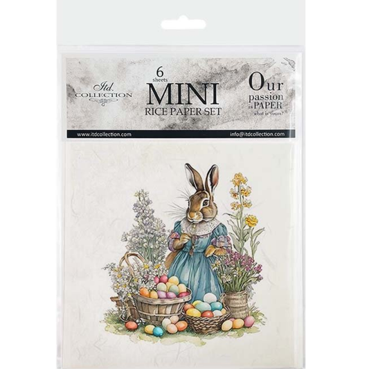 Packaging of mini rice paper set with an Easter-themed illustration of a rabbit and eggs.