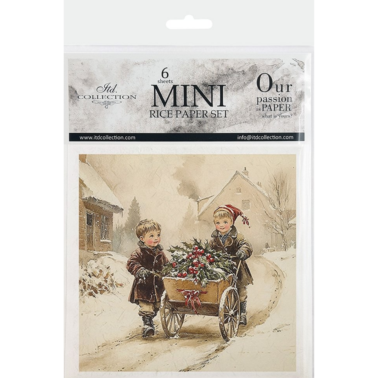 Packaging of mini rice paper set with winter scene illustration