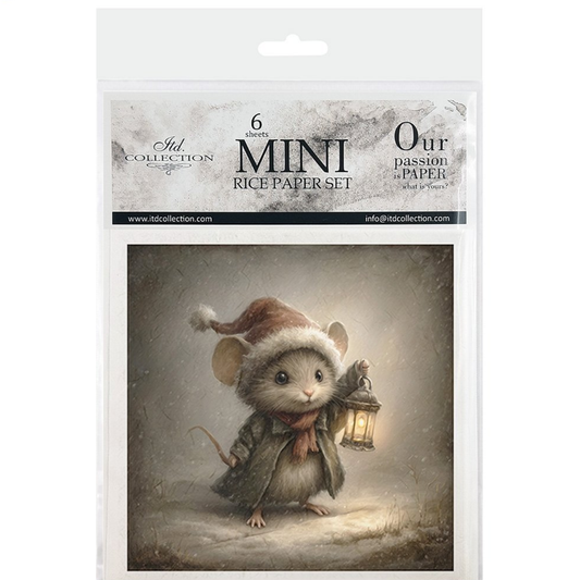 Image of front cover packaging with image of a mouse wearing a santa hat holding a lantern on a snowy background.