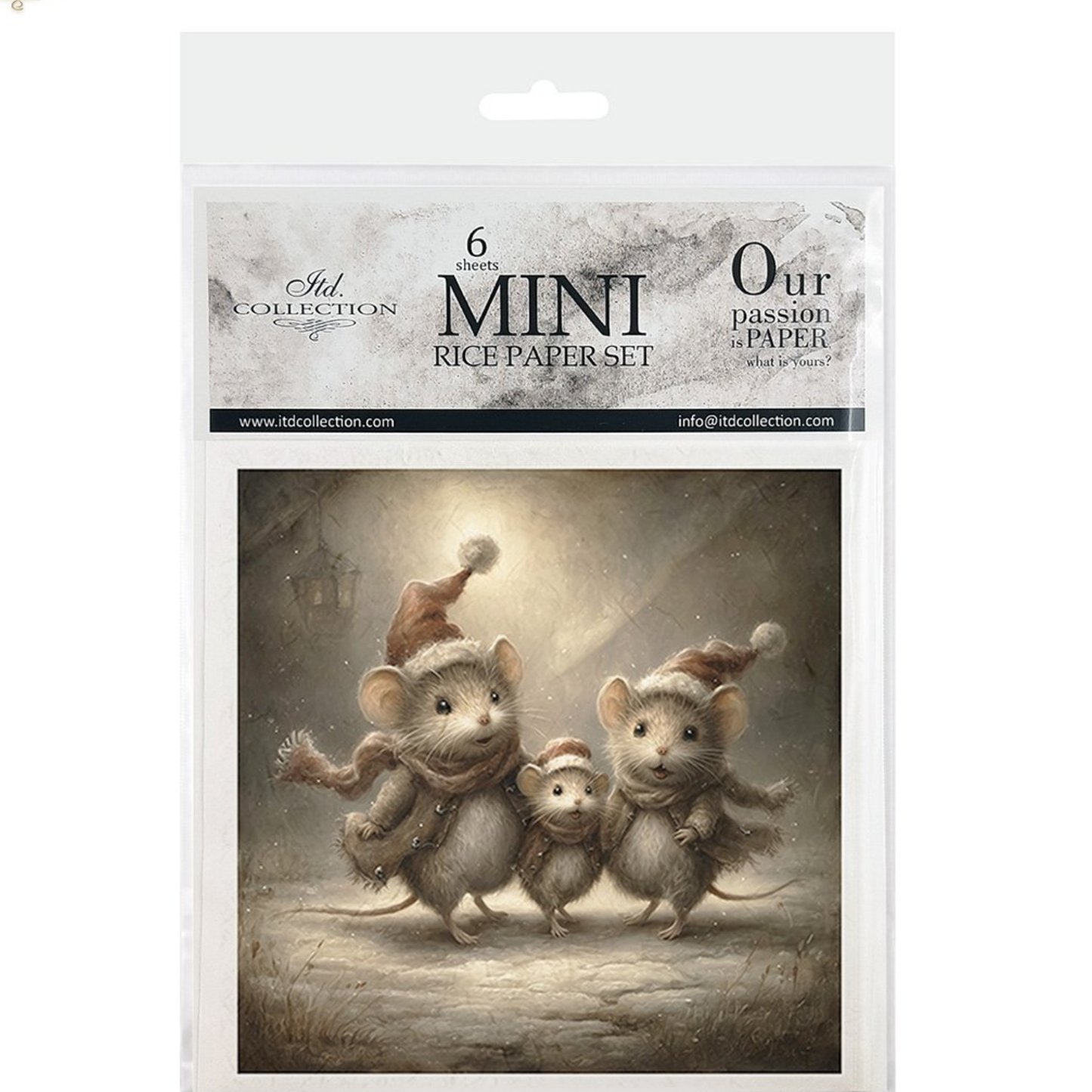 Front cover packaging with image of mice with Santa hats.