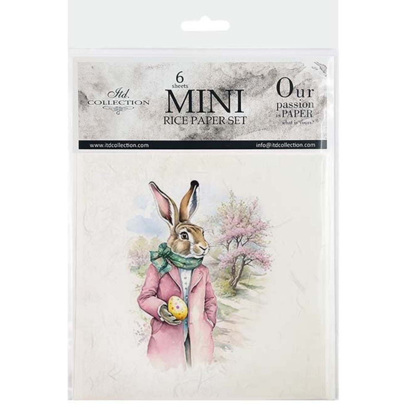 Packaging of mini rice paper set with rabbit illustration on a white background