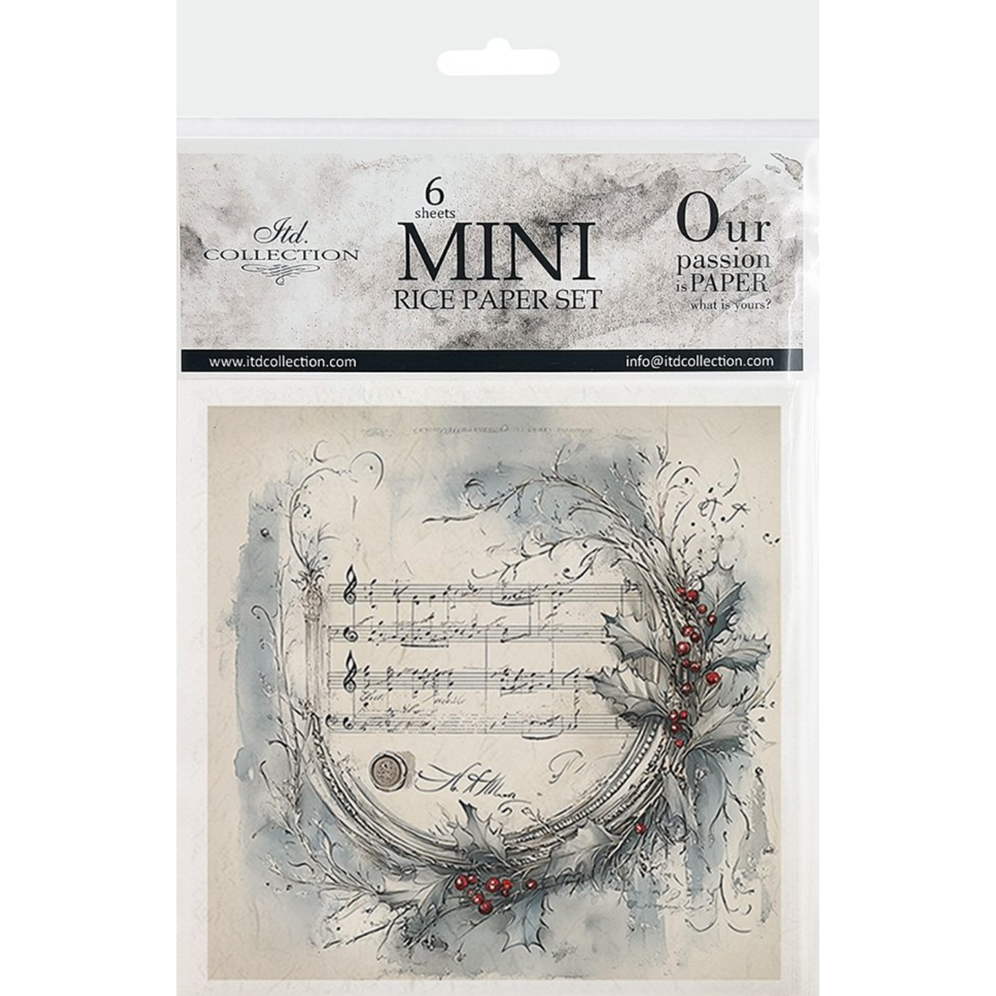 Packaging of a mini rice paper set with artistic design and musical text on a white background