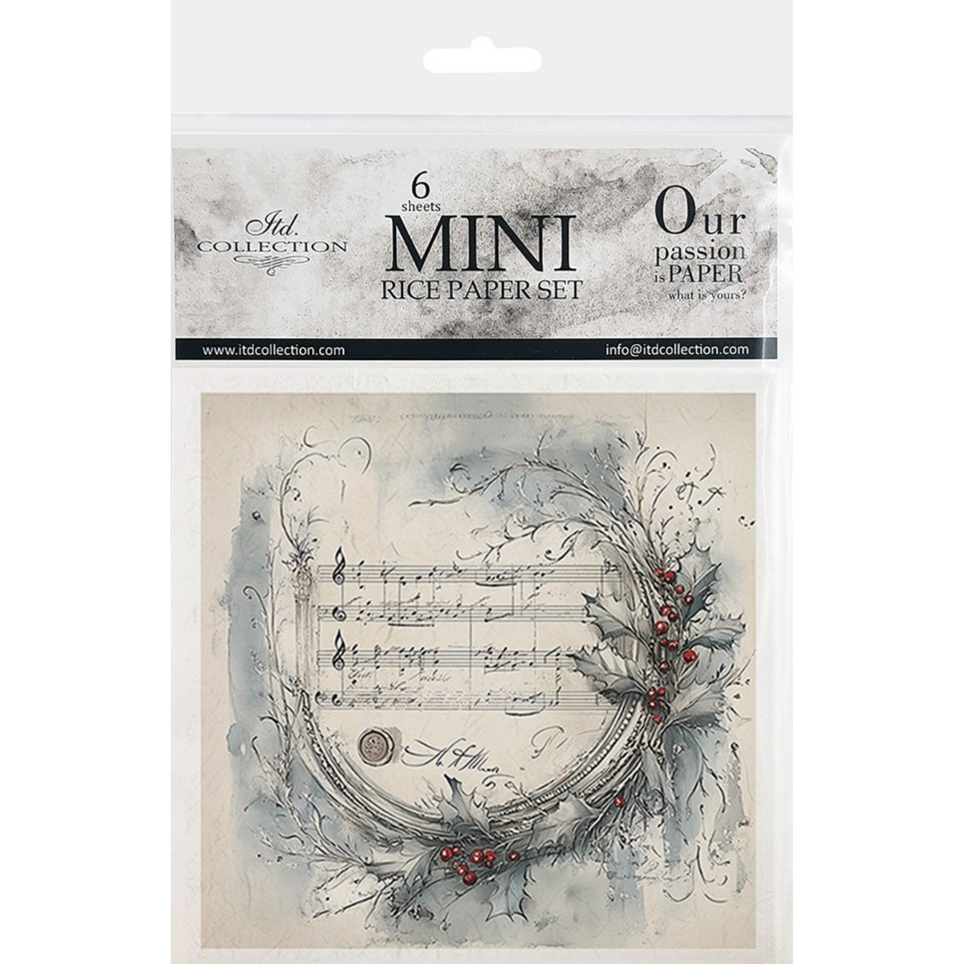 Packaging of a mini rice paper set with artistic design and musical text on a white background