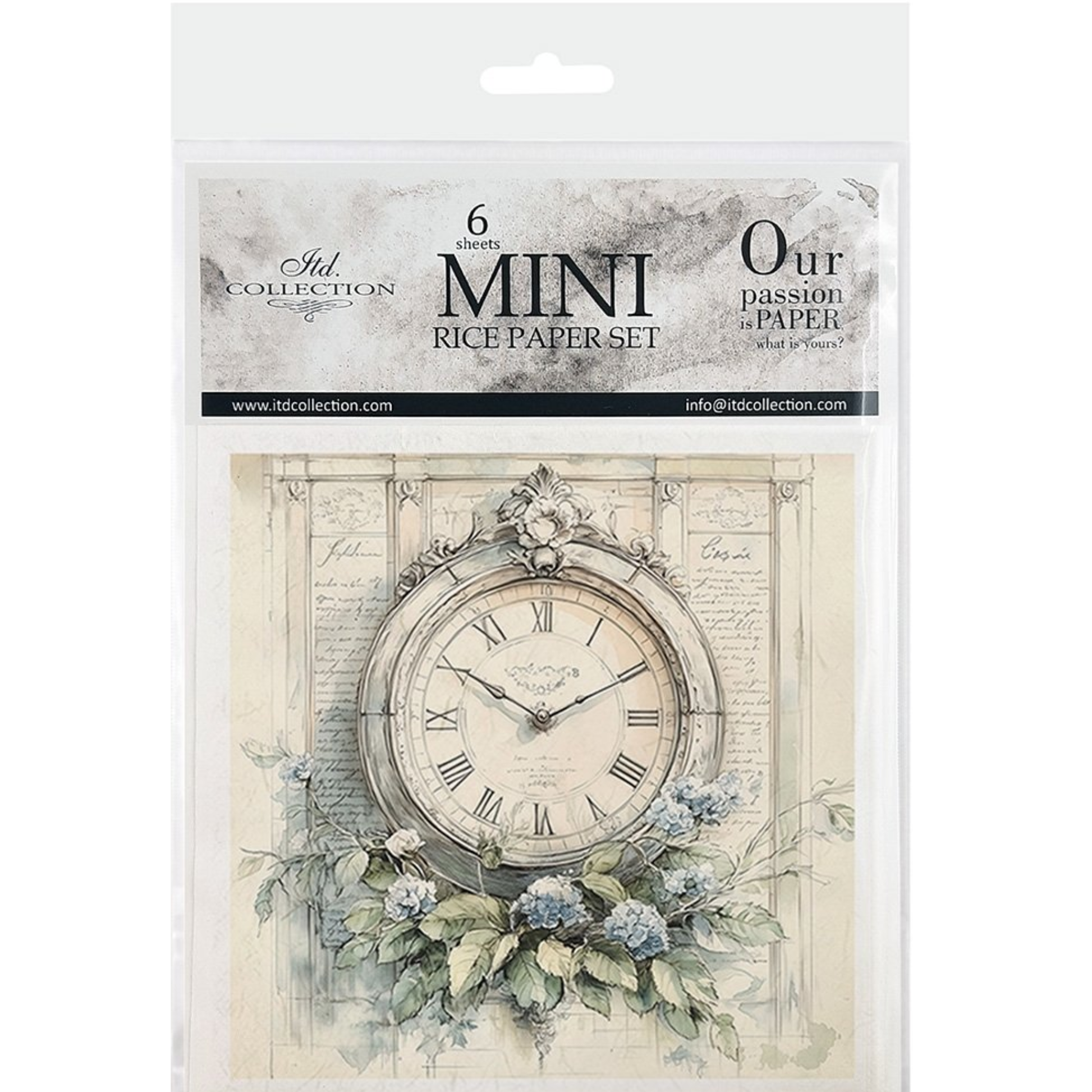 Packaging of a mini rice paper set with a vintage clock design on a white background.