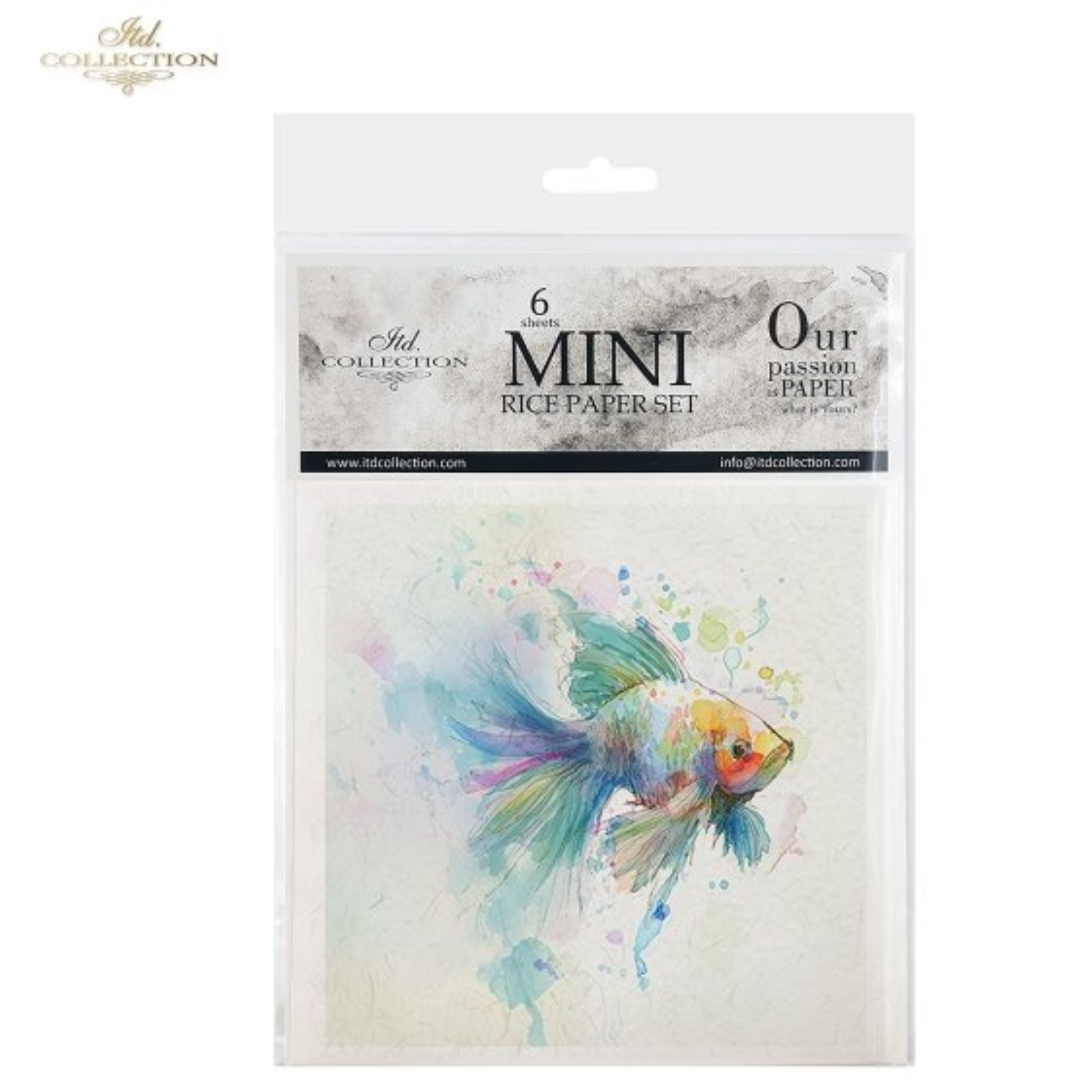 A packaged set of six mini rice paper sheets from ITD Collection, featuring a colorful watercolor illustration of a fish on the front cover.