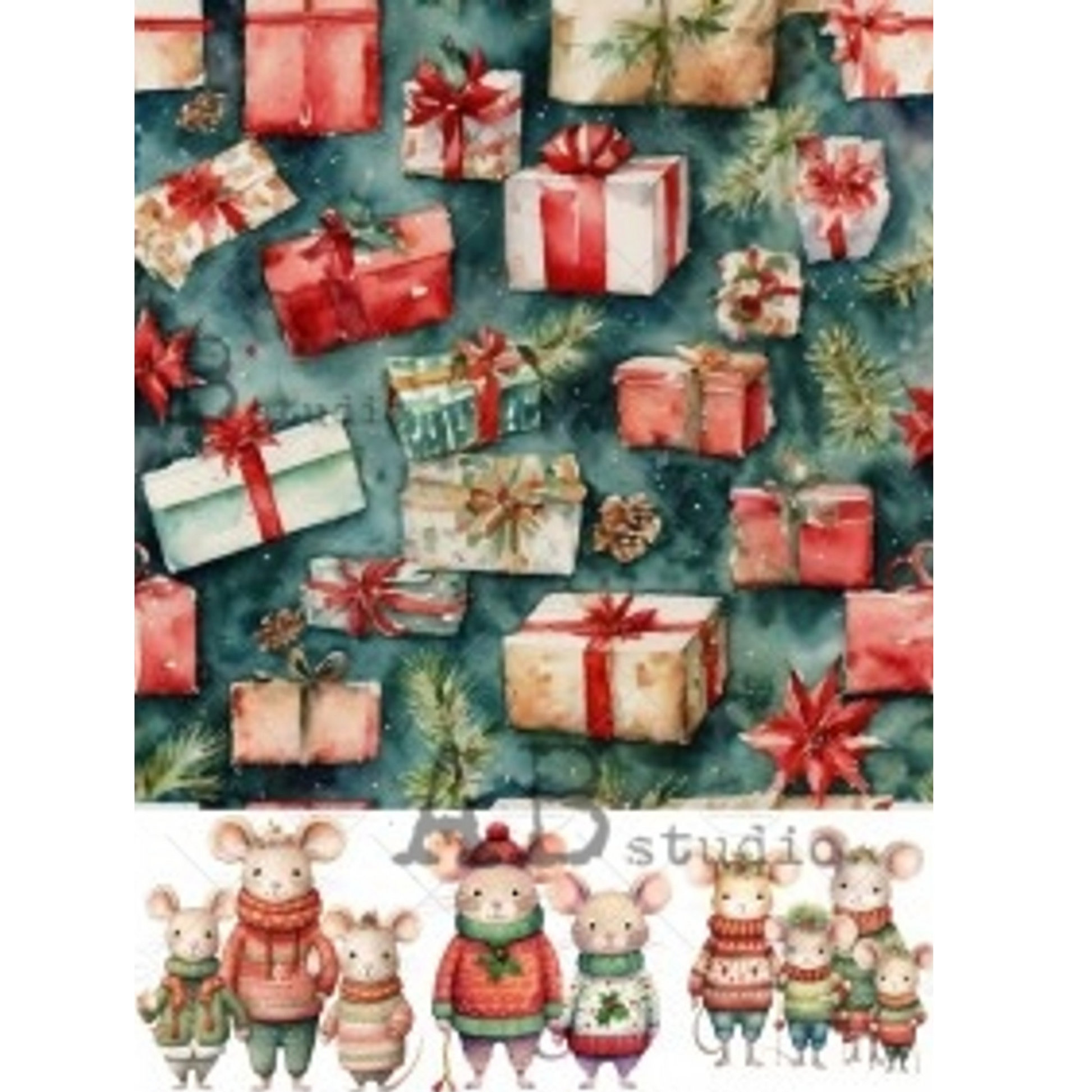 "Gift Boxes & Mice" decoupage rice paper by AB Studio. Available at Milton's Daughter.