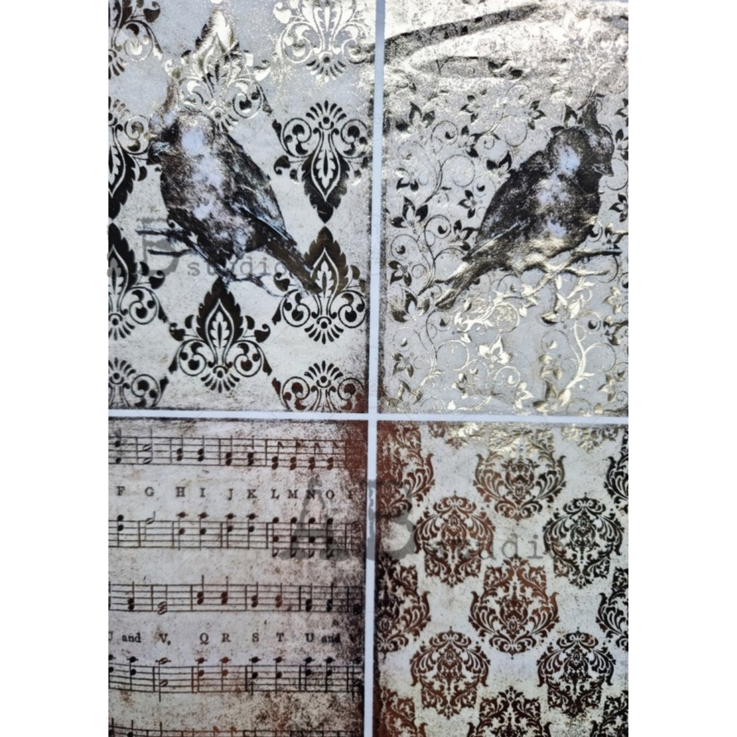 "Gilded Bird Damask 4 Pack" decoupage rice paper by AB Studio. Size A4 available at Milton's Daughter.
