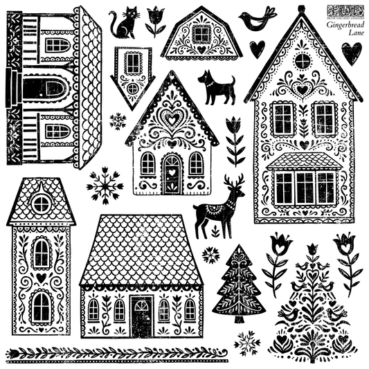 IOD Stamp Gingerbread Lane by Iron Orchid Designs. Single sheet includes gingerbread-themed graphic with multiple decorated gingerbread houses, trees, birds, flowers, hearts, and a deer, with the text 'Gingerbread Lane' in the top right corner.