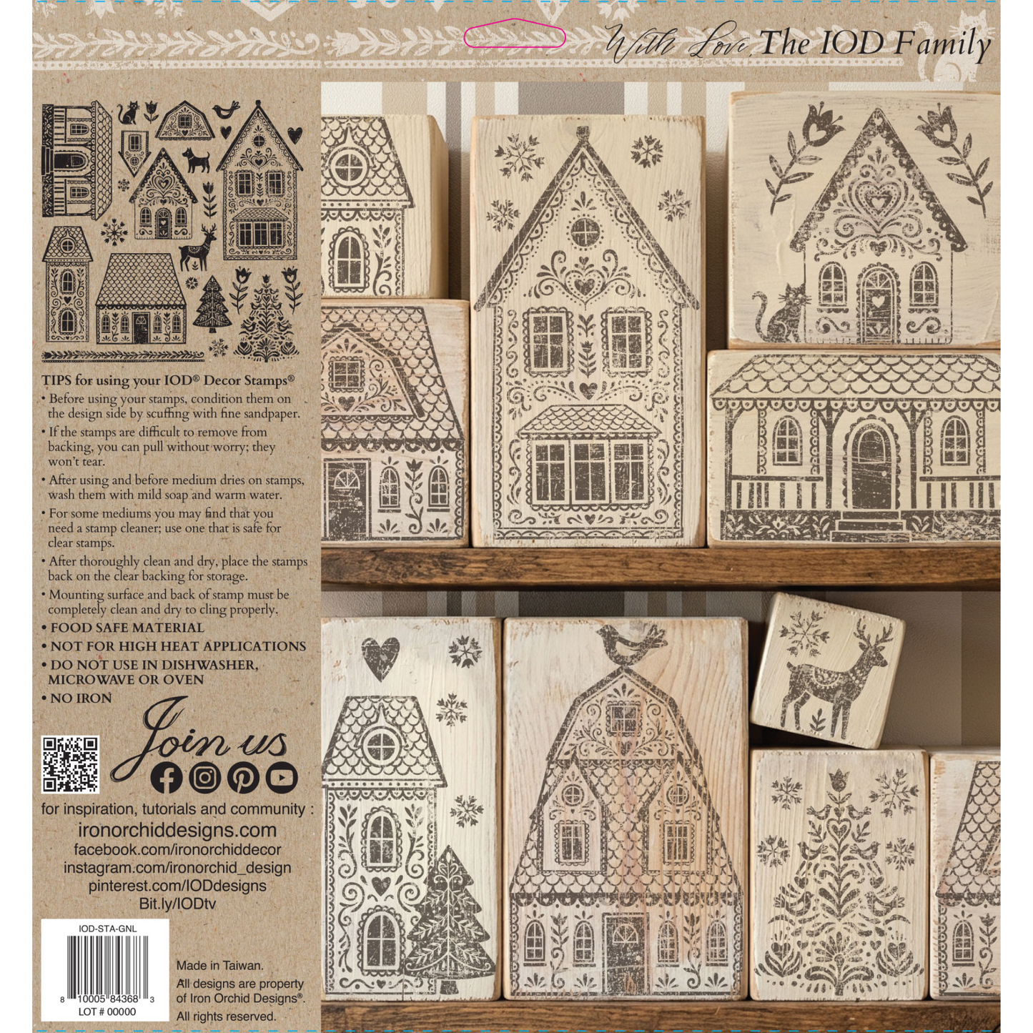 Product back cover for IOD Stamp Gingerbread Lane. The sheet shows multiple wooden stamp blocks and finished stamped designs featuring detailed holiday houses, trees, and hearts with printed instructions.