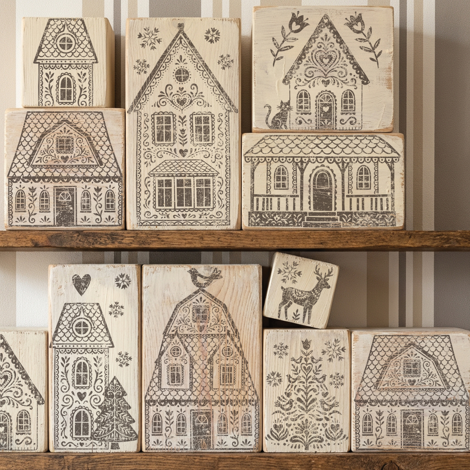 A set of wooden house-shaped stamp blocks with intricate black printed designs, arranged on a wooden shelf against a striped wall.