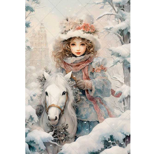 "Girl and Her Horse in Winter Snow" decoupage rice paper by Paper Designs. Available at Milton's Daughter.