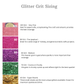 Chart detailing glitter grit sizes with corresponding colors and descriptions.