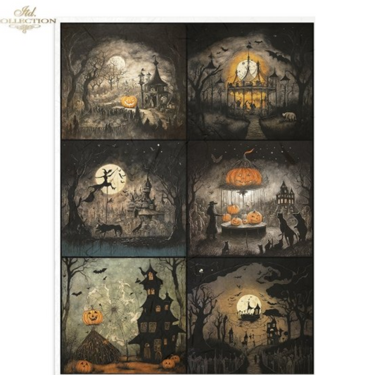 "Halloween Night 6 Pack" decoupage rice paper by ITD Collection. Available at Milton's Daughter. Twelve images of Halloween-themed illustrations featuring pumpkins, ghosts, and haunted houses.
