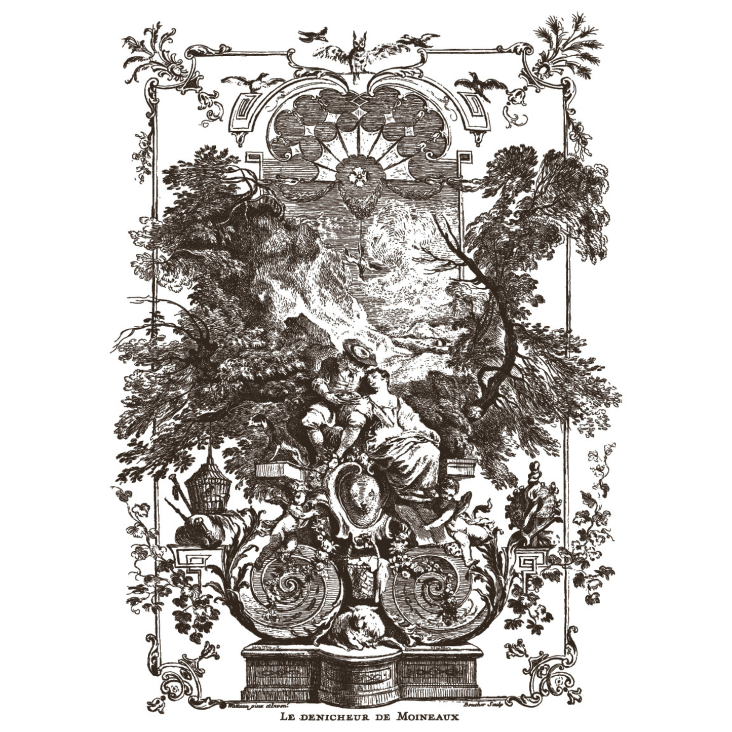 Decorative black and white illustration with classical scene and ornate frame