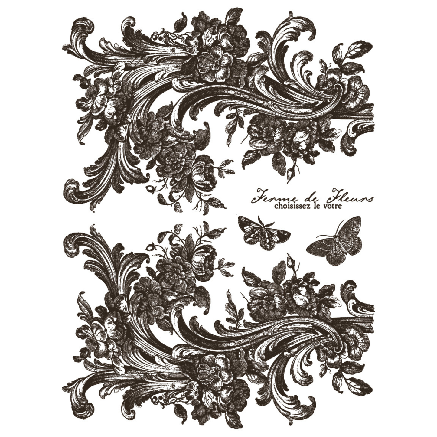 Decorative floral and leaf design with butterflies on a white background