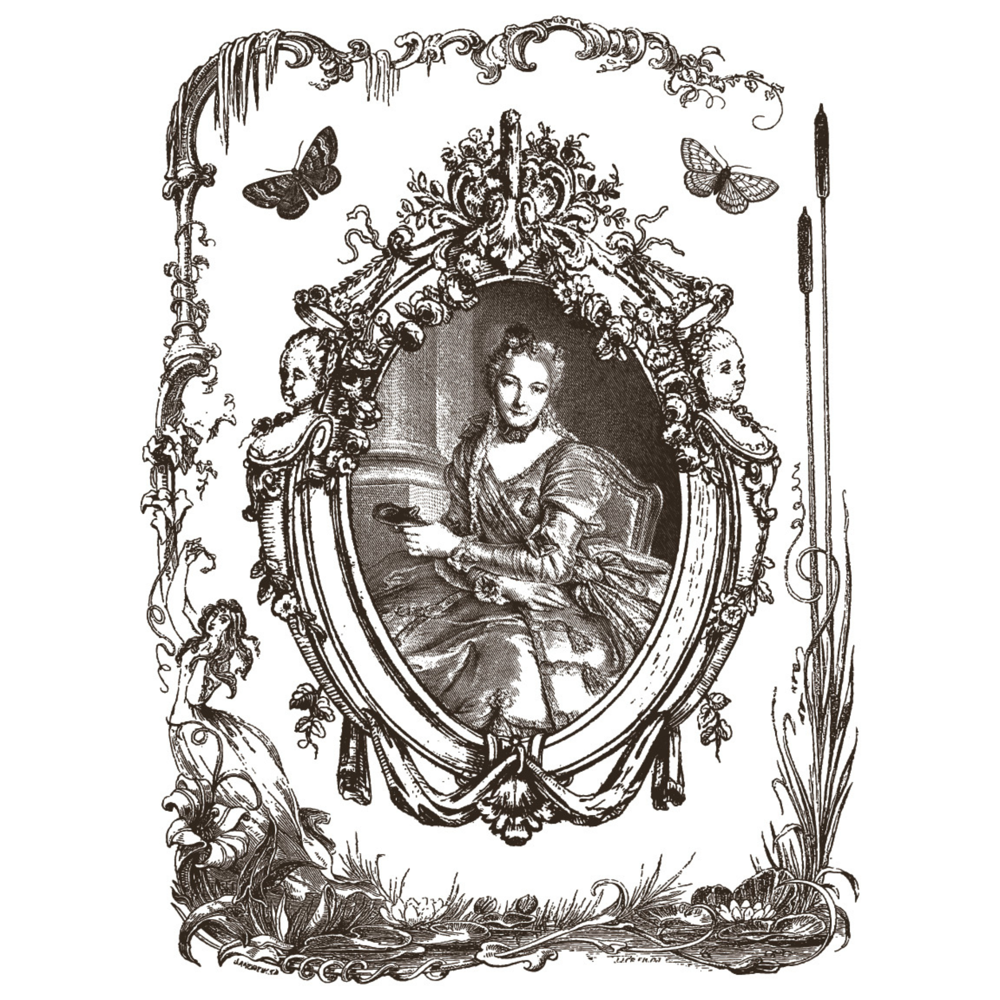 Decorative black and white illustration of a woman in a ornate frame with butterflies and flowers.