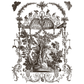 Decorative black and white illustration with a central scene surrounded by foliage and architectural elements.