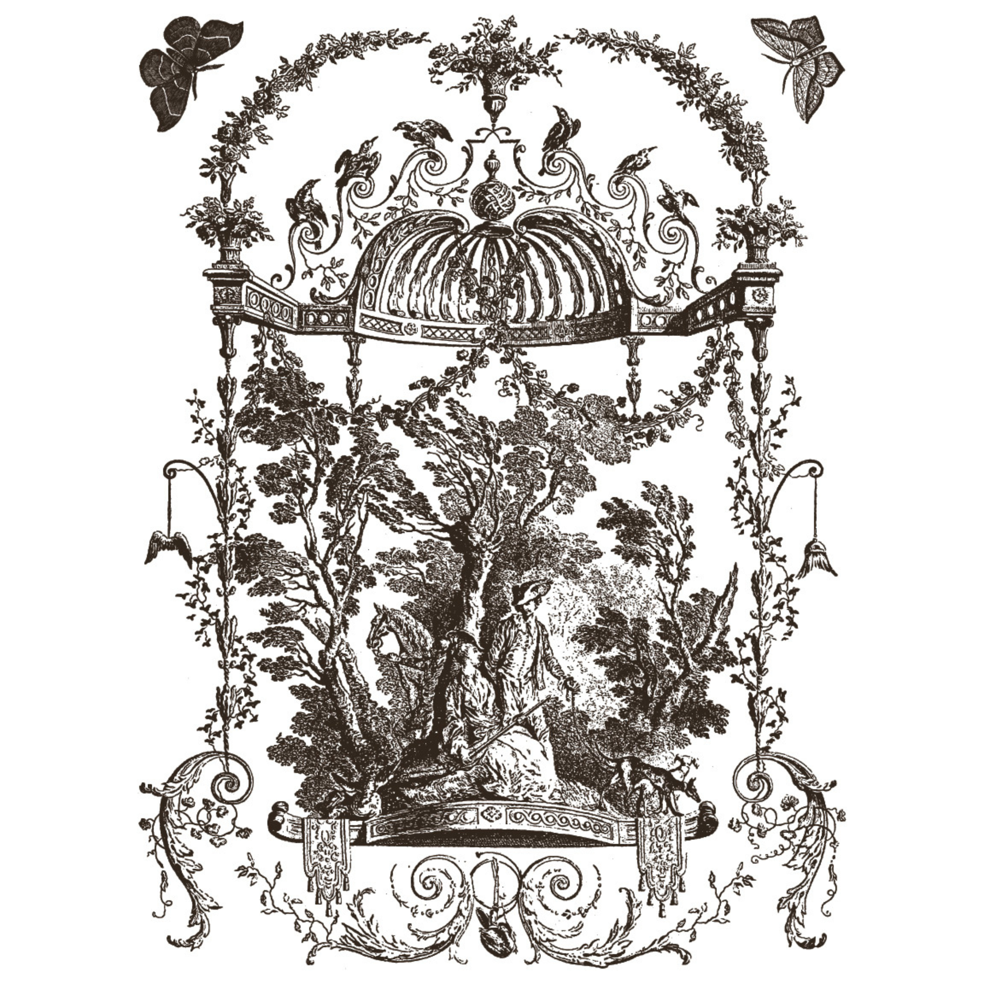 Decorative black and white illustration with a central scene surrounded by foliage and architectural elements.