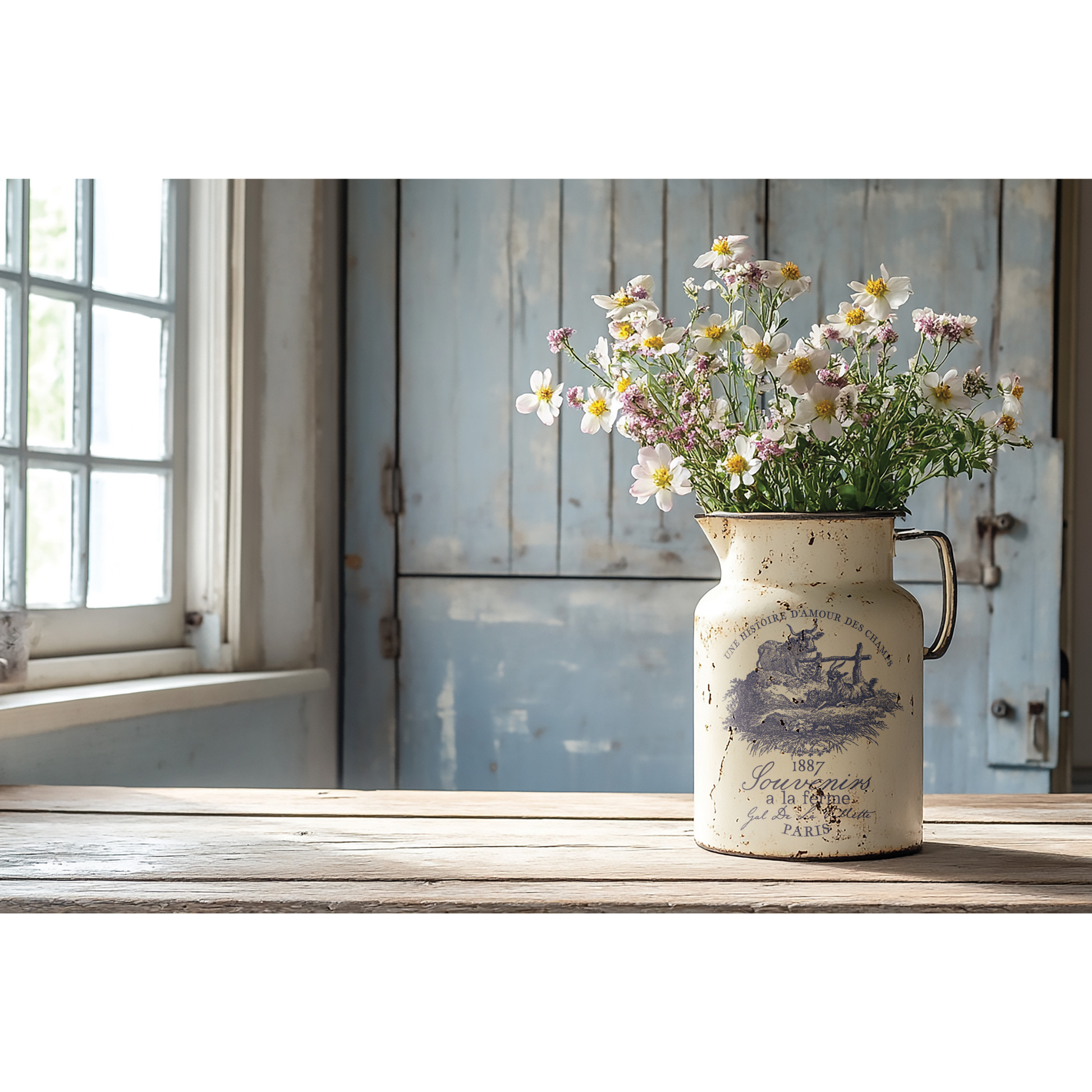 Vintage-style milk churn with flowers on a wooden surface near a window