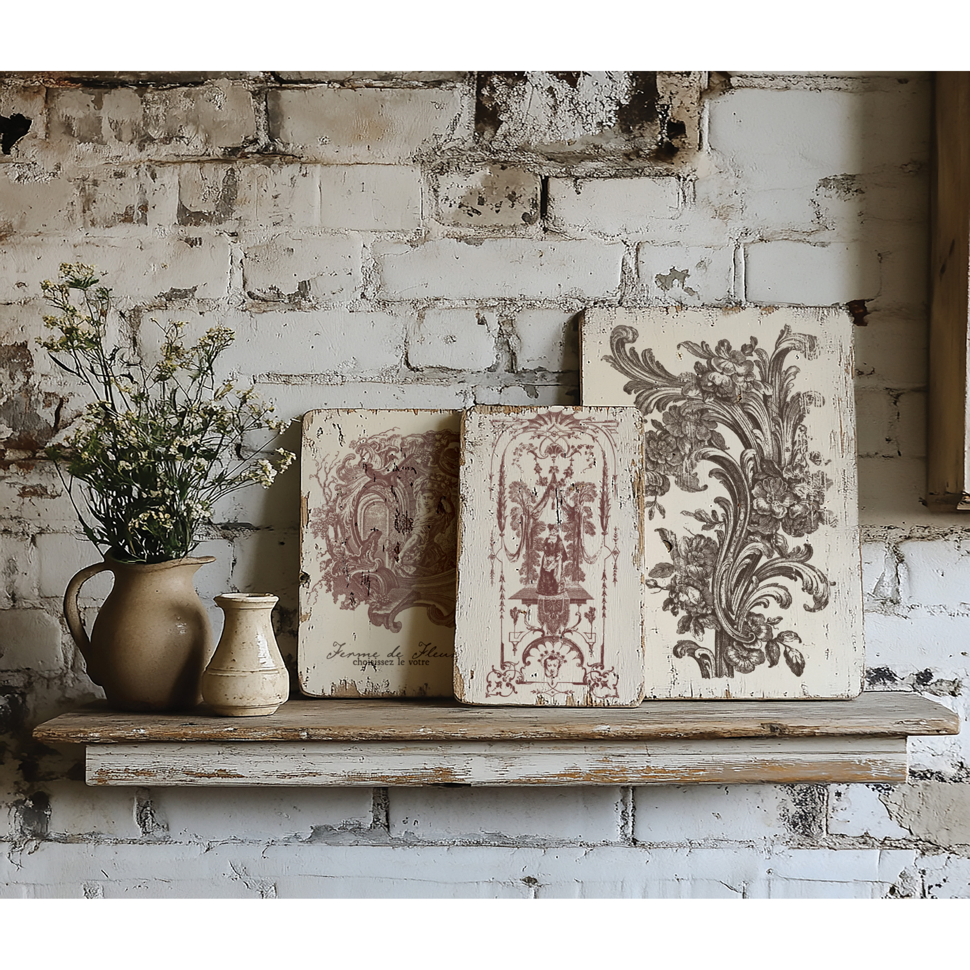 Decorative wall art pieces with floral arrangement on a rustic shelf against a brick wall.