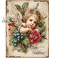 Vintage-style Christmas angel with flowers and berries on a decorative background.