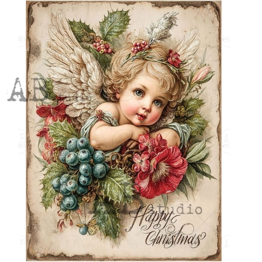 Vintage-style Christmas angel with flowers and berries on a decorative background.