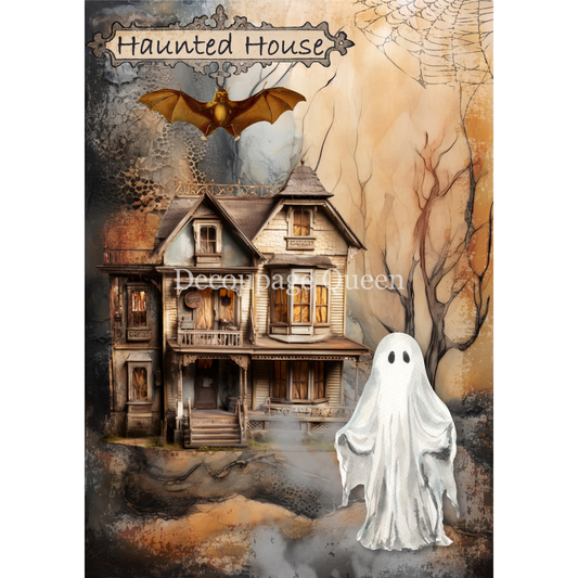 "Haunted Homecoming" decoupage rice paper by Decoupage Queen. Available at Milton's Daughter. Illustration of a haunted house with a ghost and bat.