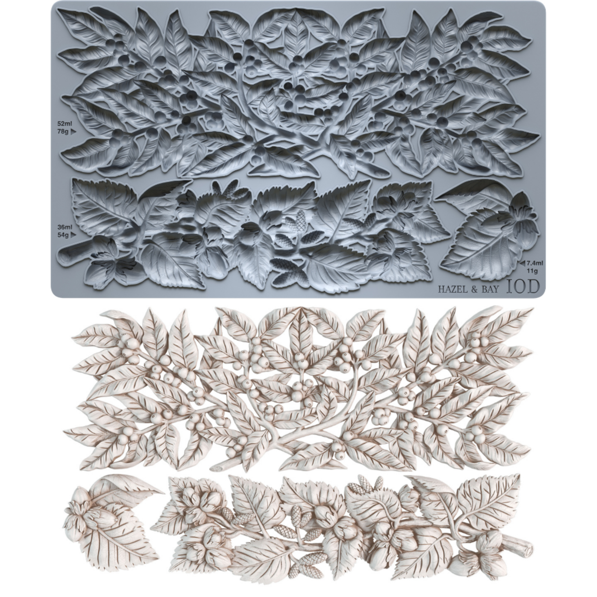 A gray silicone mold with embossed holly and bay leaf patterns, shown above a set of matching light beige carved leaf and berry ornaments. The mold has printed dimensions and the text 'HAZEL & BAY' and '10D'.