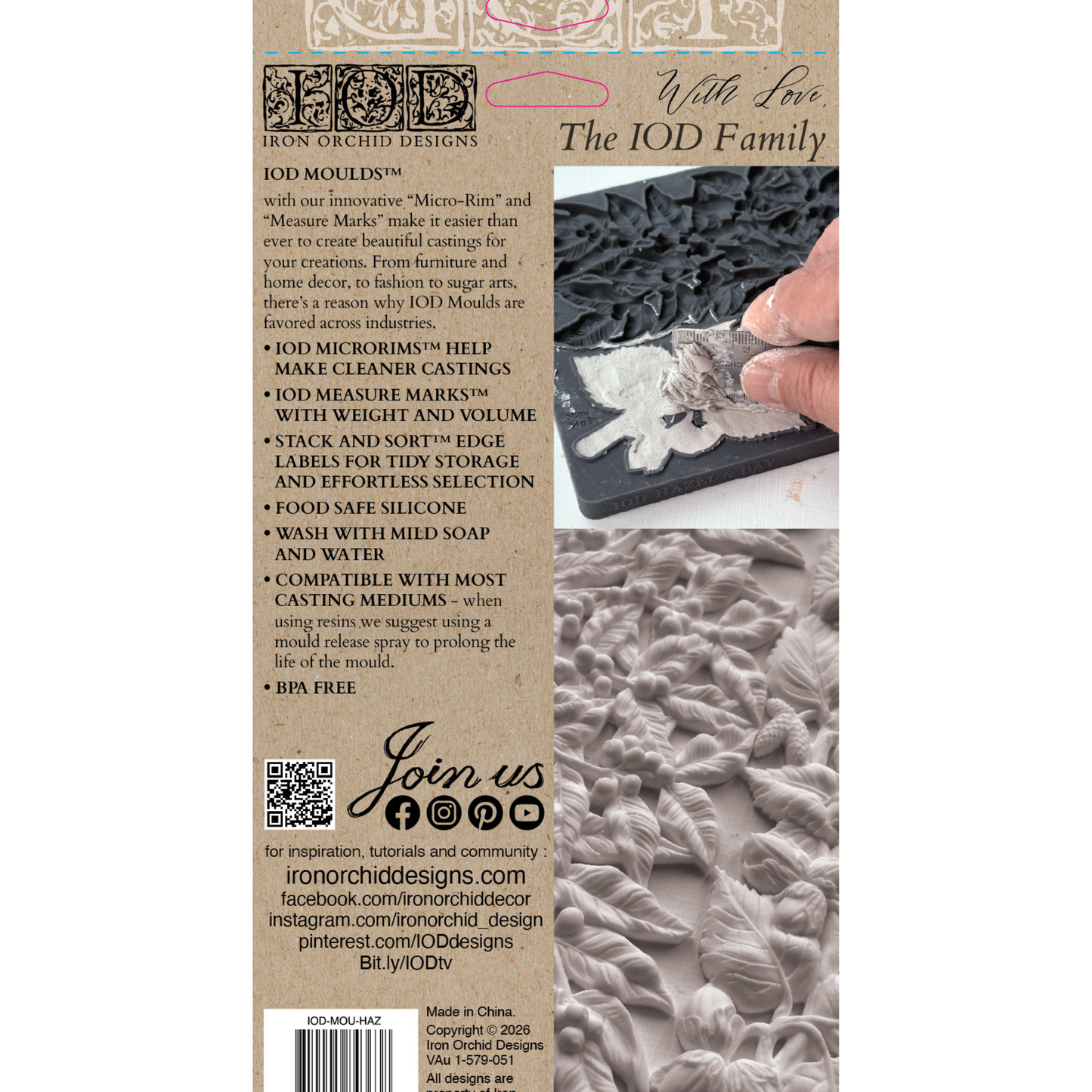 Back cover of IOD Mould Hazel & Bay, showing product features, website links, and a demonstration of a hand pressing into the textured clay surface.