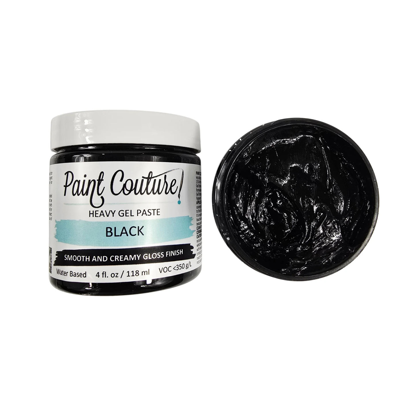 Jar of Paint Couture Heavy Gel Paste Black with a close-up of the black paste on a white background