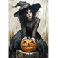 Gothic young witch sitting on a tree stump with a jack o'lantern.