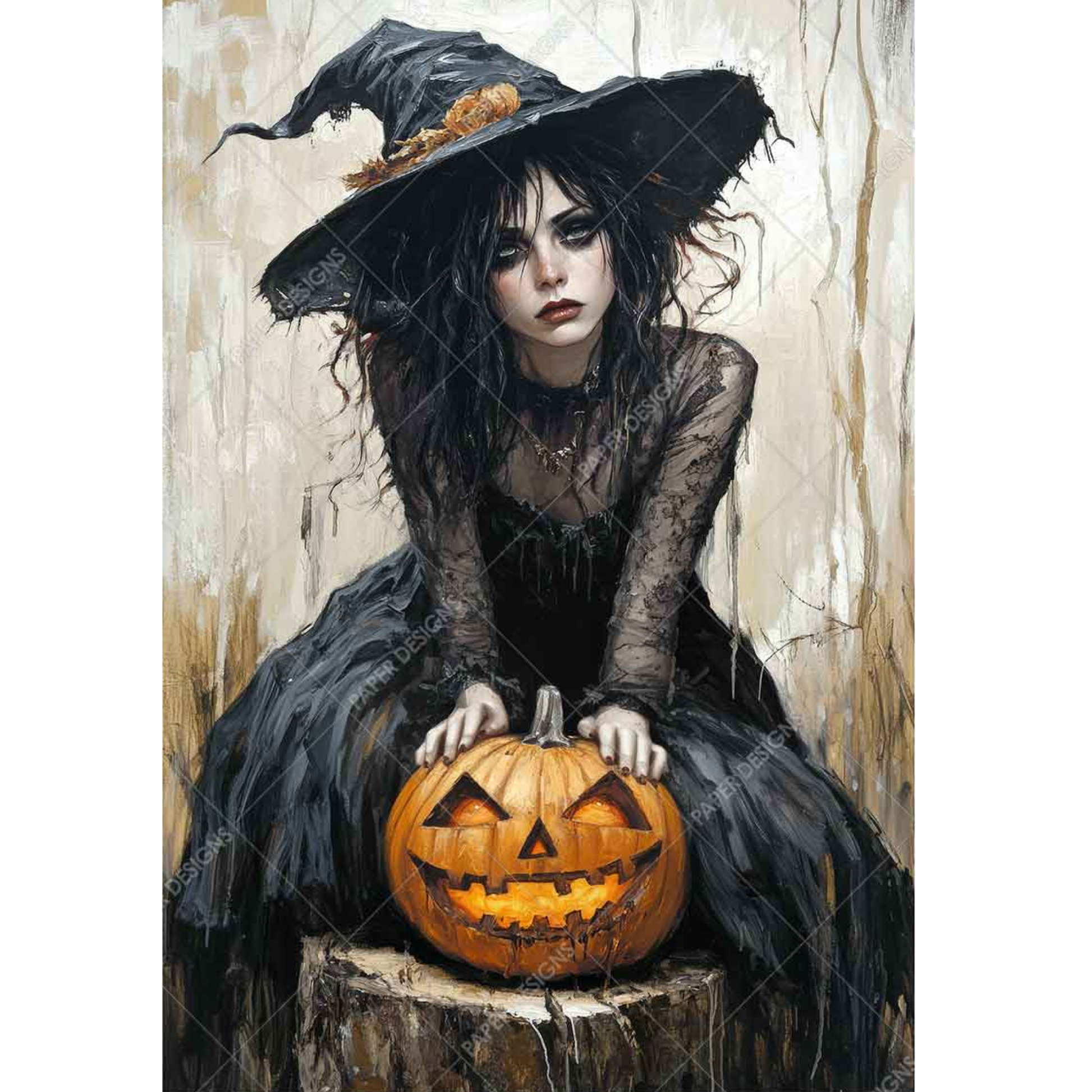 Gothic young witch sitting on a tree stump with a jack o'lantern.