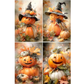 A collage of four carved pumpkins and small pumpkins decorated with witch hats, leaves, and gourds in warm fall colors.