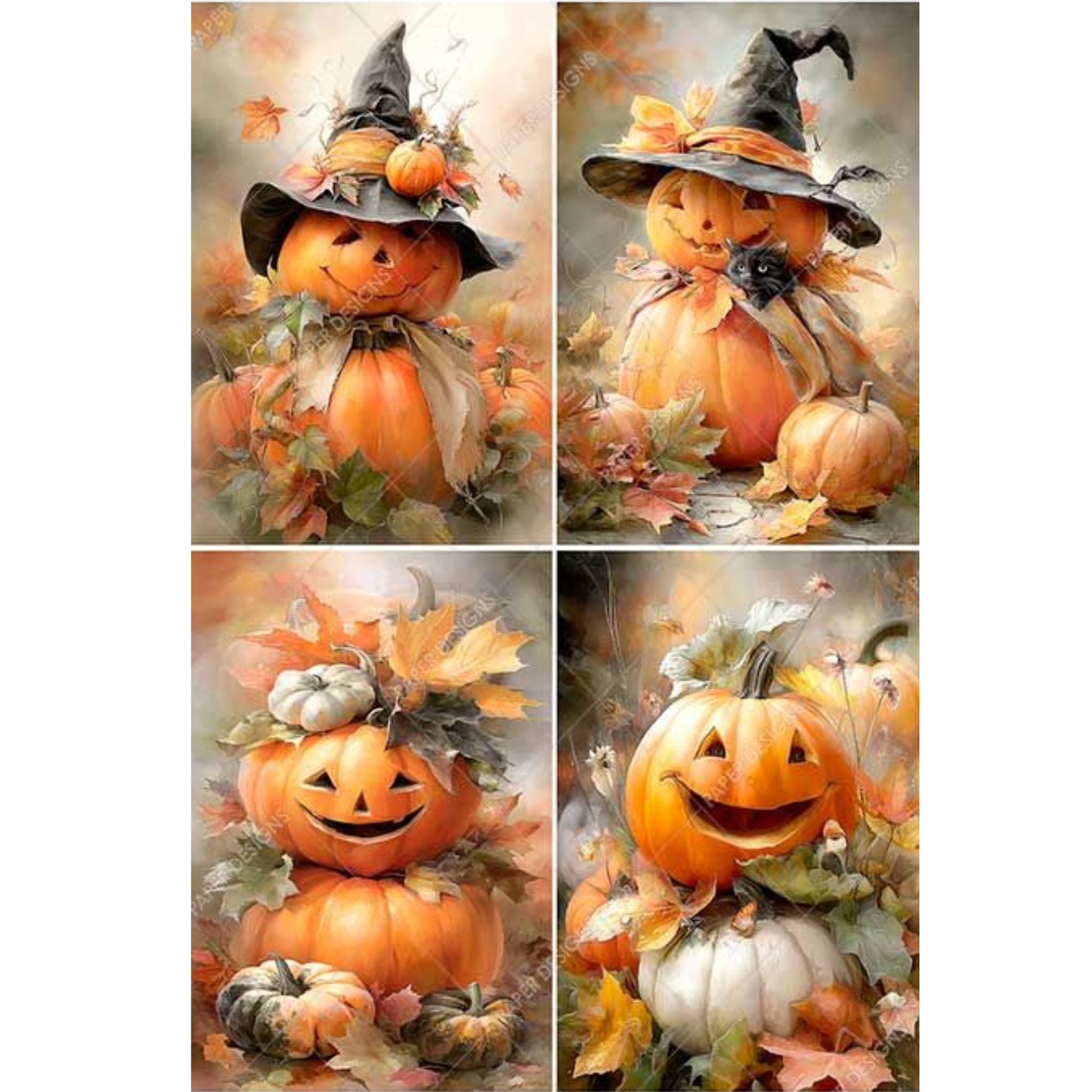 A collage of four carved pumpkins and small pumpkins decorated with witch hats, leaves, and gourds in warm fall colors.