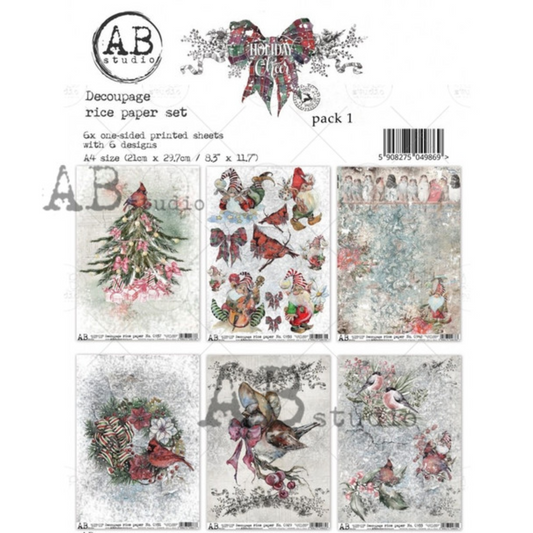 "Holiday Cheer - Pack 1" decoupage rice paper set.  Contains six size A4 sheets available at Milton's Daughter.