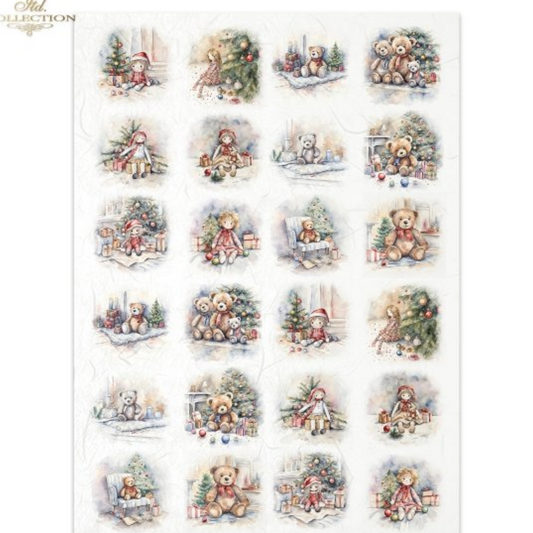 "Holiday Dolls & Teddy Bears Minis" decoupage rice paper by ITD Collection. Available at Milton's Daughter. Sheet of 24 Christmas-themed mini thumbnails featuring teddy bears, dolls, trees and presents.
