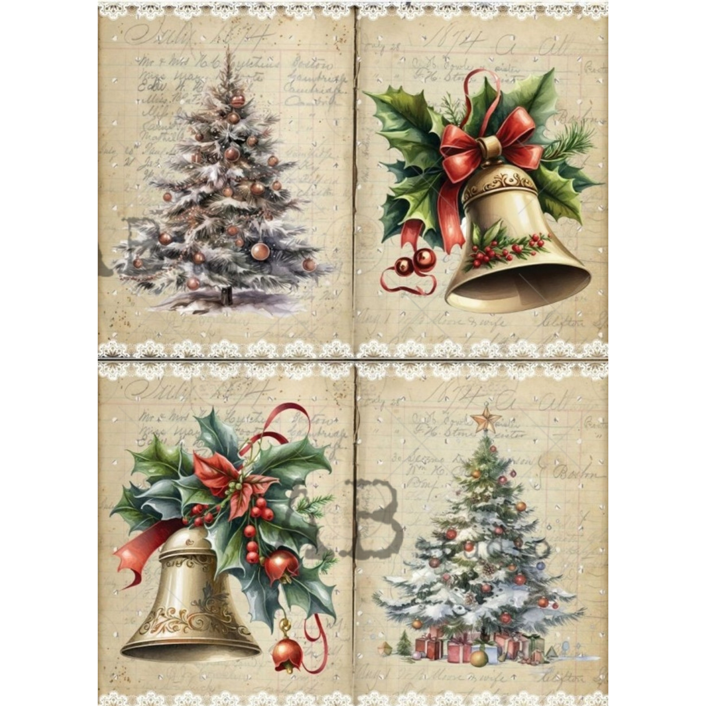 "Holiday Trees and Bells" decoupage rice paper by AB Studio. Available at Milton's Daughter.