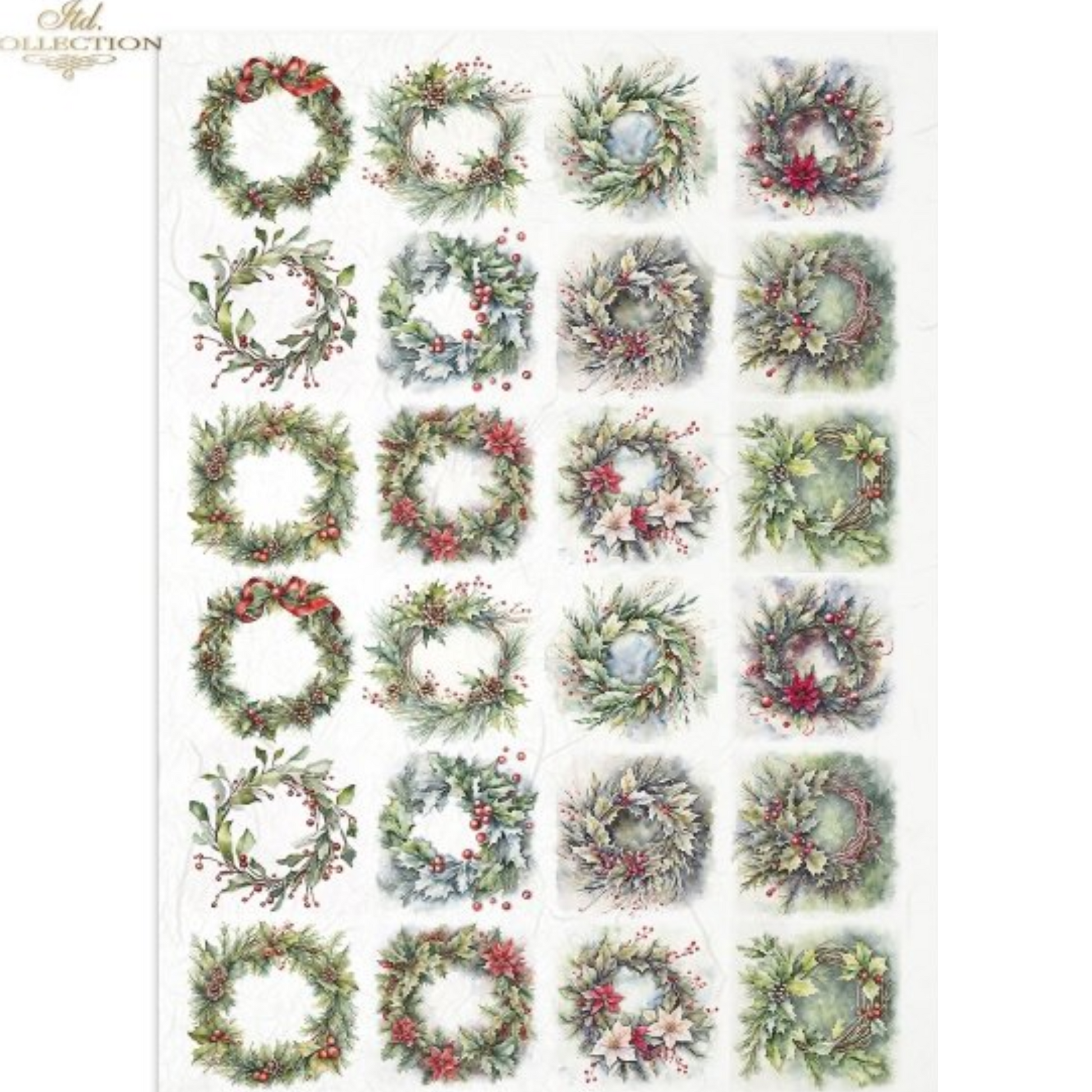 "Holiday Wreaths Minis" decoupage rice paper by ITD Collection. Available at Milton's Daughter. Sheet of 24 mini image decorative Christmas wreaths with berries and snowflakes on a white background.