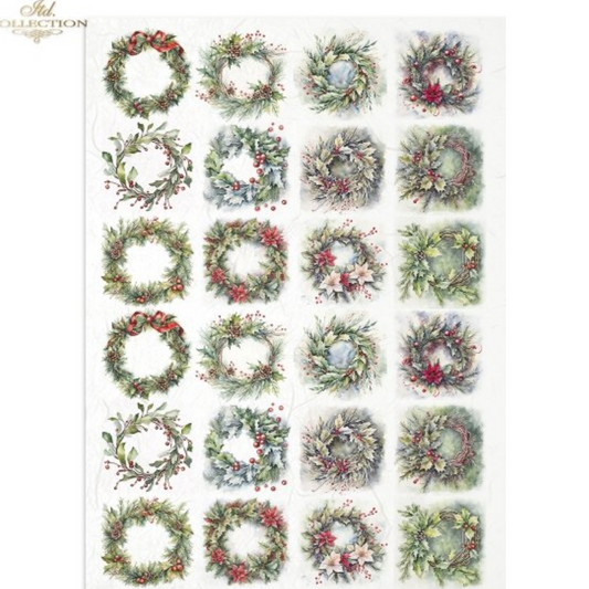 "Holiday Wreaths Minis" decoupage rice paper by ITD Collection. Available at Milton's Daughter. Sheet of 24 mini image decorative Christmas wreaths with berries and snowflakes on a white background.