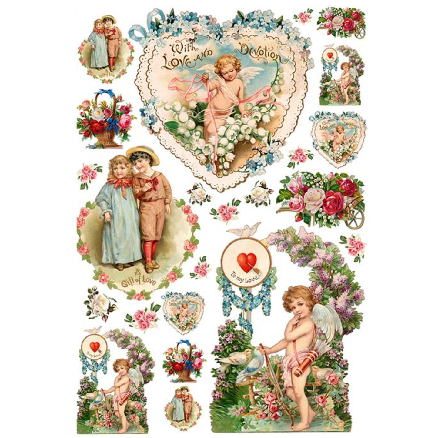 Collection of vintage-style Valentine's Day designs with cherubs, hearts, and florals.