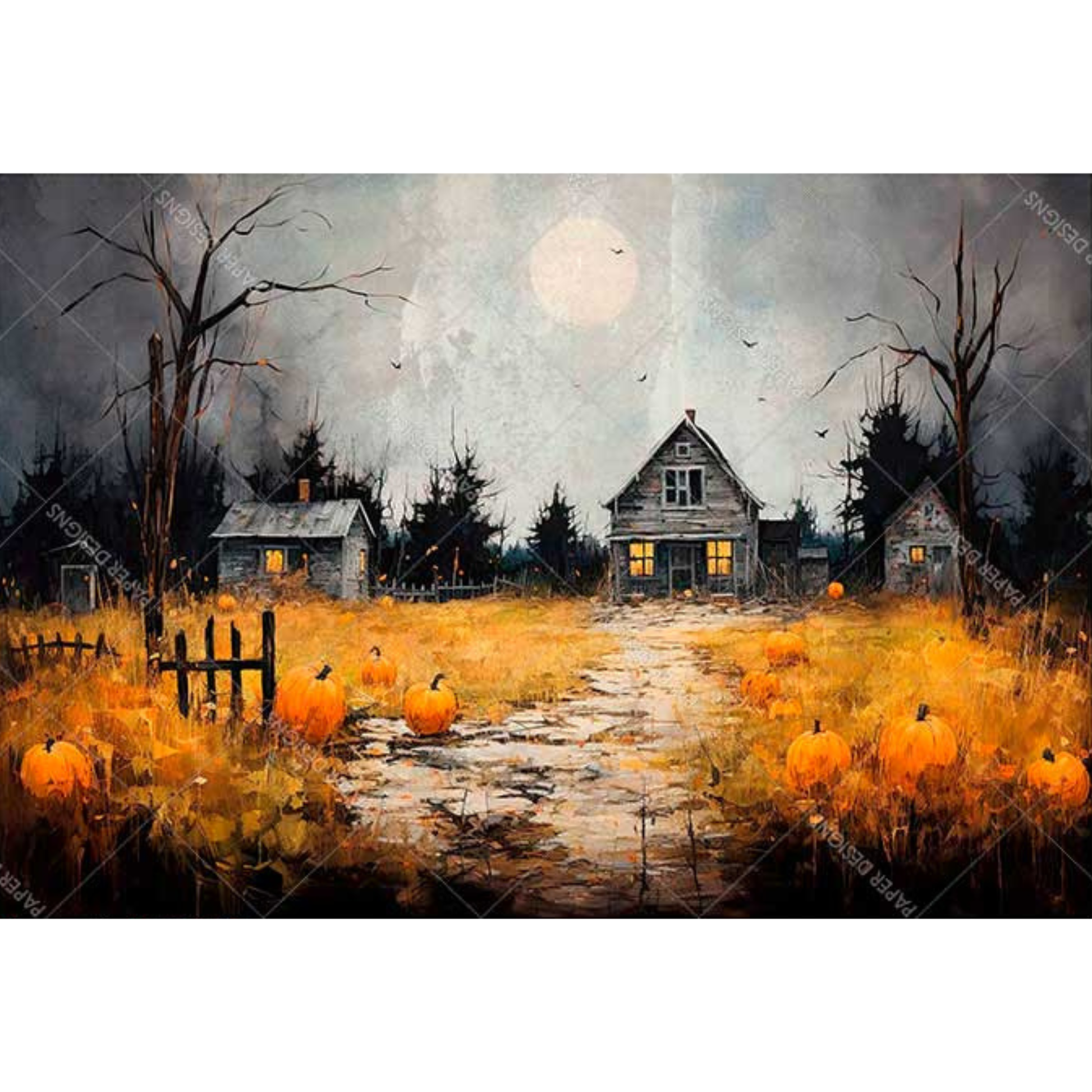 Halloween themed painted image of an old shack in a field of pumpkins.
