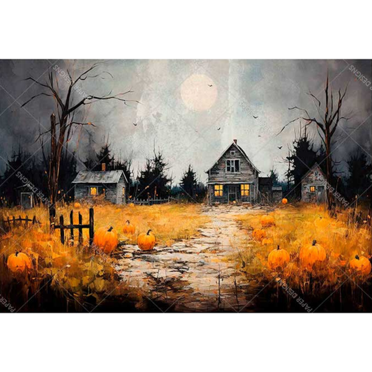 Halloween themed painted image of an old shack in a field of pumpkins.