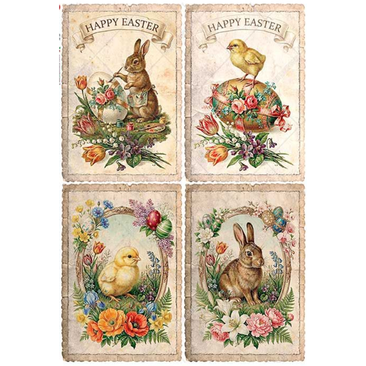 Four vintage-style Easter cards featuring bunnies, chicks, and flowers with 'Happy Easter' text.