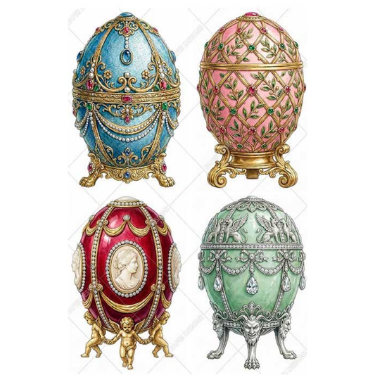 Four ornate decorative eggs in different colors and designs on a white background.
